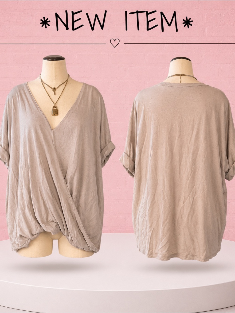 Gray Draped V-Neck Twist Front Tunic Top
